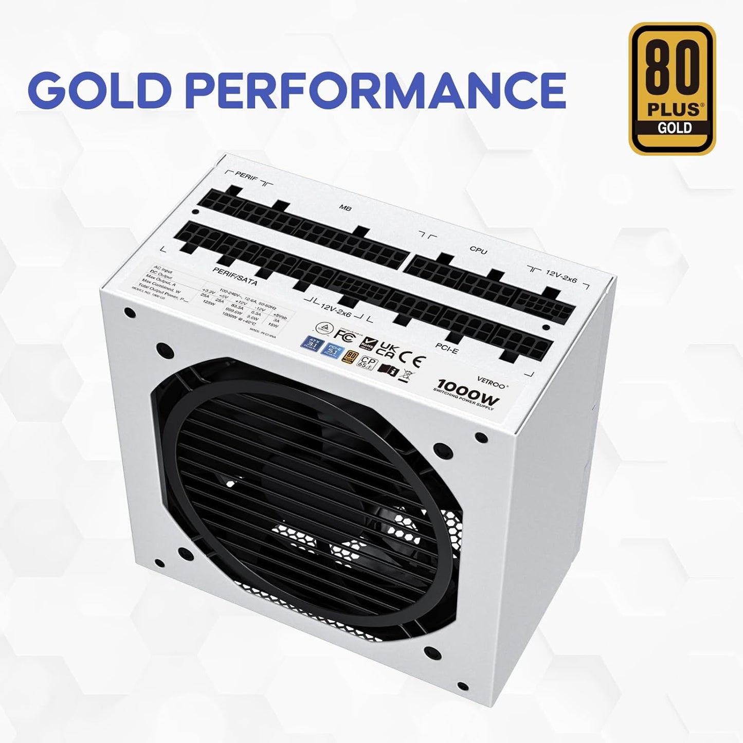 Vetroo 1000W White Power Supply ATX 3.1 Ready Dual Pcie 5.1, 80 plus Gold Full Modular, Eco Mode with 120Mm FDB Fan, Compact Size, 10 Year Warranty for Gaming PC