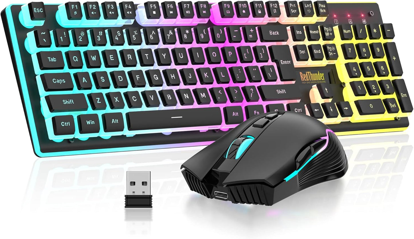 Redthunder K10 Wireless Gaming Keyboard and Mouse Combo, LED Backlit Rechargeable 3800Mah Battery, Mechanical Feel Anti-Ghosting Keyboard + 7D 3200DPI Mice for PC Gamer (Black)