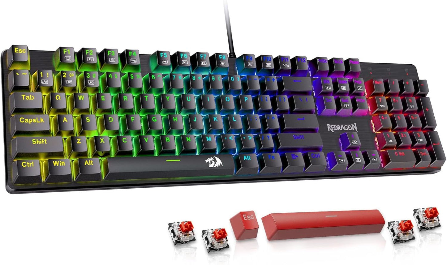 Redragon Mechanical Gaming Keyboard Wired, 11 Programmable Backlit Modes, Hot-Swappable Red Switch, Anti-Ghosting, Double-Shot PBT Keycaps, Light up Keyboard for PC Mac