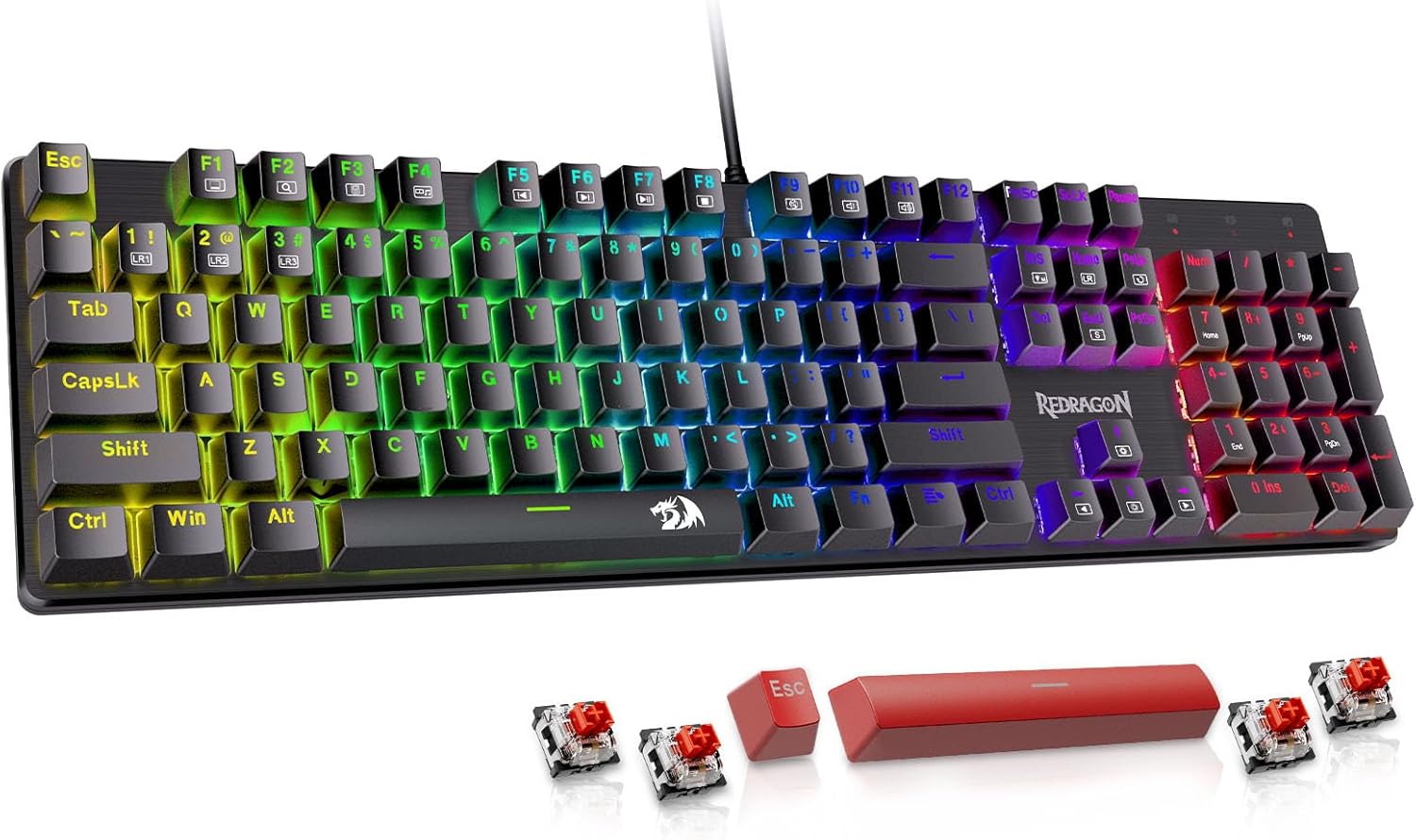 Redragon Mechanical Gaming Keyboard Wired, 11 Programmable Backlit Modes, Hot-Swappable Red Switch, Anti-Ghosting, Double-Shot PBT Keycaps, Light up Keyboard for PC Mac