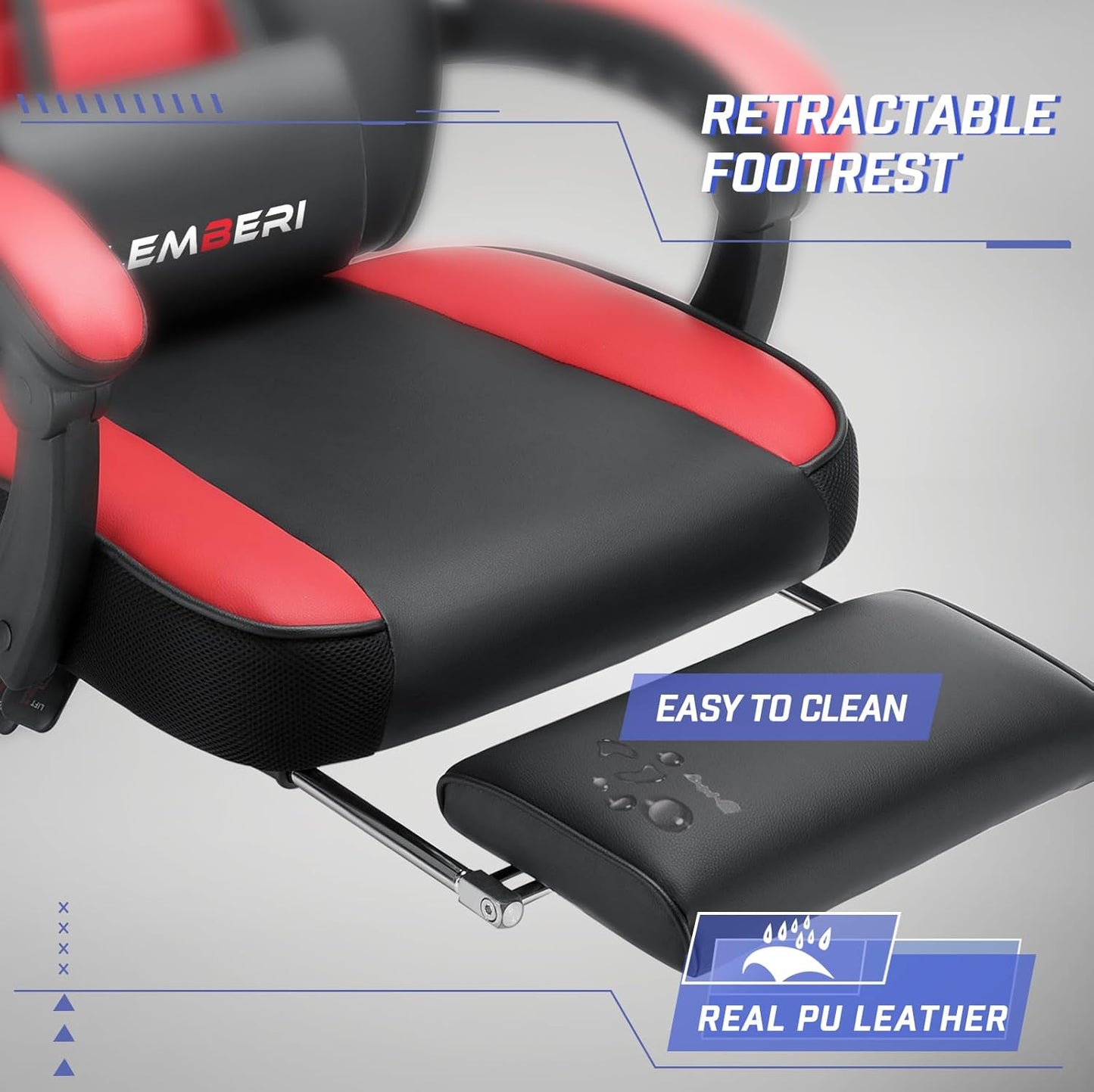 LEMBERI Big and Tall Gaming Chair 400Lb Capacity, Heavy-Duty Office Chair with Reinforced Footrest, Wide Seat High Back PC Desk Chair with Linkage Armrests, Thickened Steel Frame, PU Leather, Red