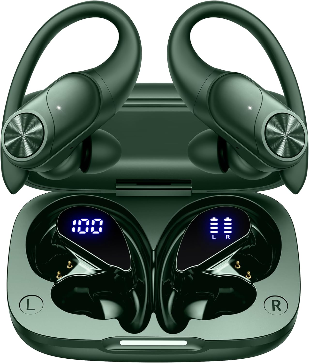 Pocbuds Bluetooth Headphones Wireless Earbuds 80Hrs Playtime Wireless Charging Case Digital Display Sports Ear Buds with Earhook Deep Bass IPX7 Waterproof Over-Ear Earphones for TV Phone Laptop Black