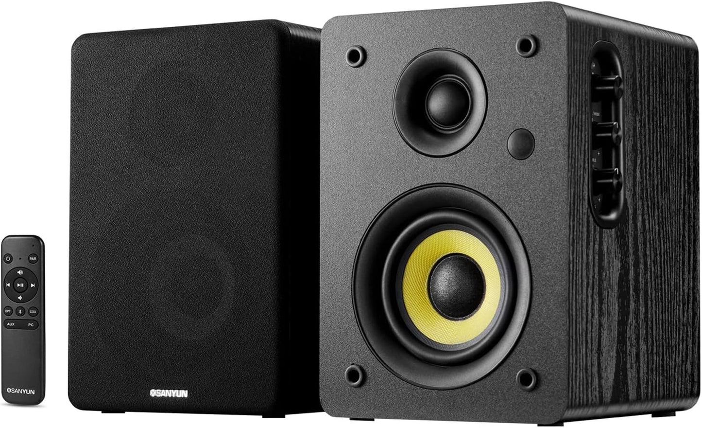 Sanyun SW208 3" Active Bluetooth 5.0 Bookshelf Speakers – 60W Carbon Fiber Speaker Unit - Built-In 24Bit DAC - Dynamic 3D Surround Sound – 2.0 Computer PC Monitor Gaming Speakers (Pair, Black)