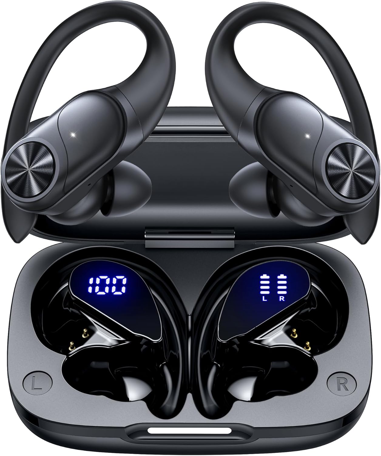 Pocbuds Bluetooth Headphones Wireless Earbuds 80Hrs Playtime Wireless Charging Case Digital Display Sports Ear Buds with Earhook Deep Bass IPX7 Waterproof Over-Ear Earphones for TV Phone Laptop Black