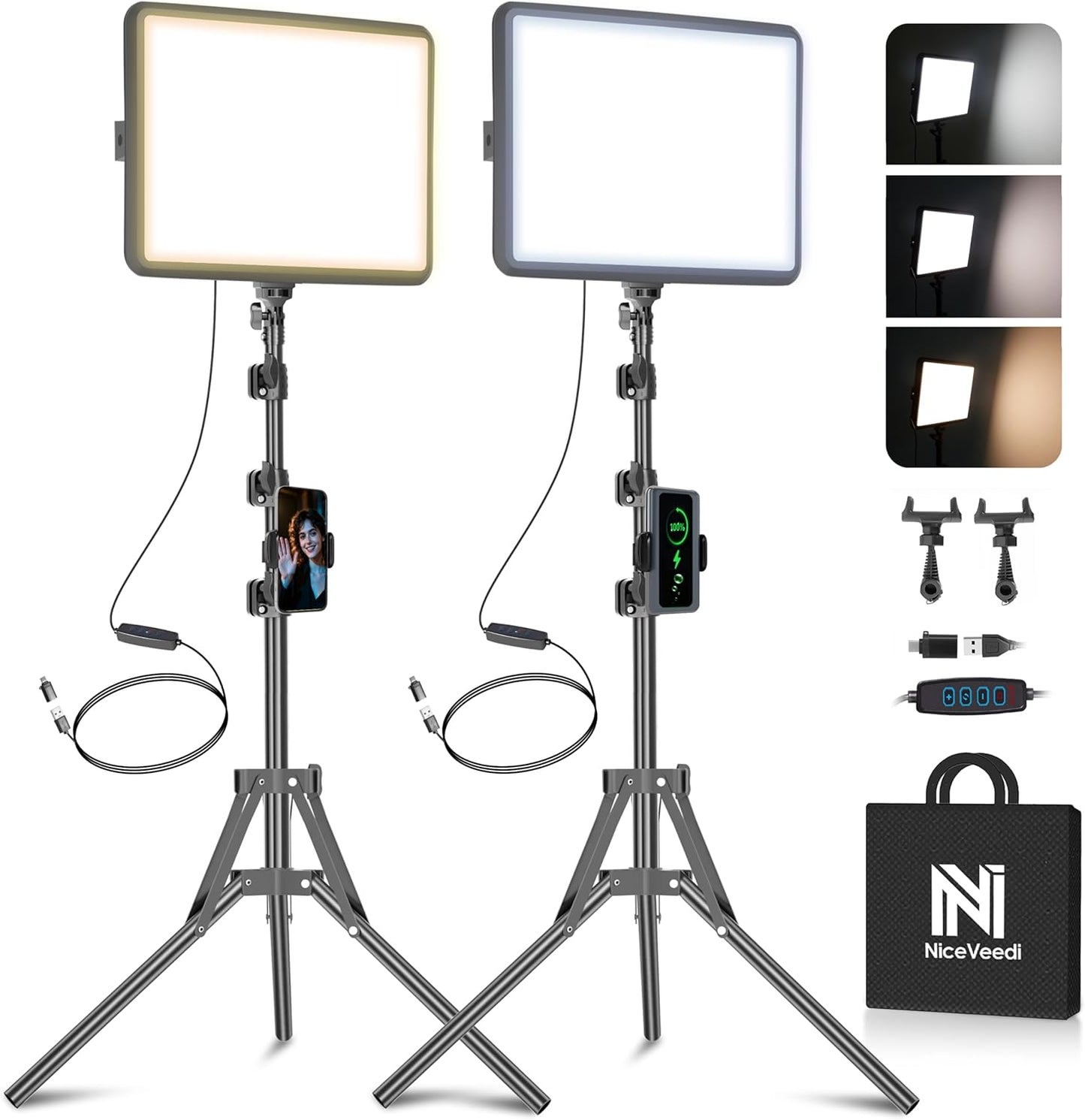 2-Pack LED Video Light Kit, Niceveedi Studio Light, 2800-6500K Dimmable Photography Lighting Kit with Tripod Stand&Phone Holder, 73" Stream Light for Video Recording, Game Streaming, Youtube