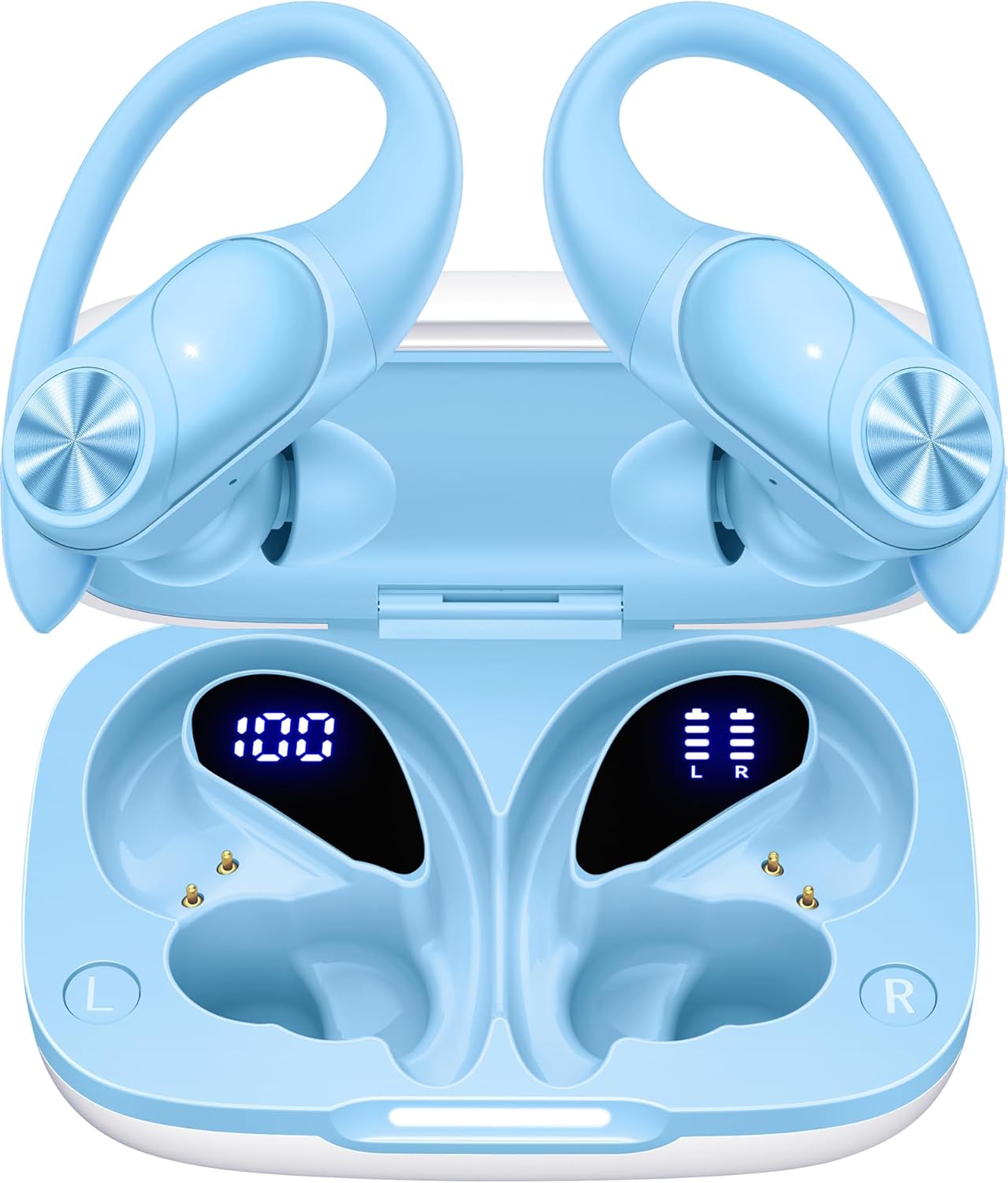 Pocbuds Bluetooth Headphones Wireless Earbuds 80Hrs Playtime Wireless Charging Case Digital Display Sports Ear Buds with Earhook Deep Bass IPX7 Waterproof Over-Ear Earphones for TV Phone Laptop Black