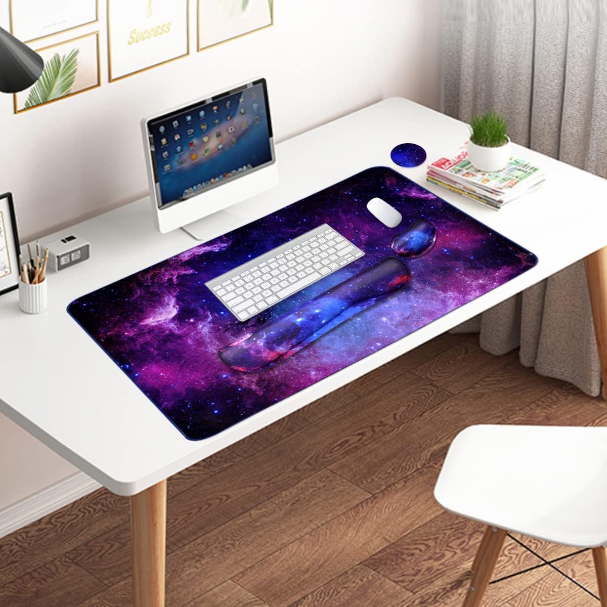Large Mouse Pad and Keyboard Wrist Rest, Desk Pad for Keyboard and Mouse, 4-In-1 Large Gaming Mouse Pad with Wrist Support, Desk Mat for Home Office Study Game-Galaxy Fluid