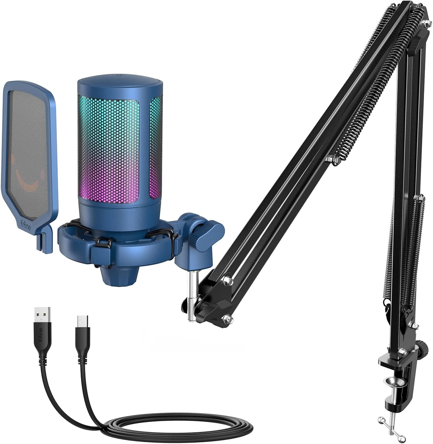 FIFINE Gaming PC USB Microphone, Podcast Condenser Mic with Boom Arm, Pop Filter, Mute Button for Streaming, Twitch, Online Chat, RGB Computer Mic for PS4/5 PC Gamer Youtuber-Ampligame A6T