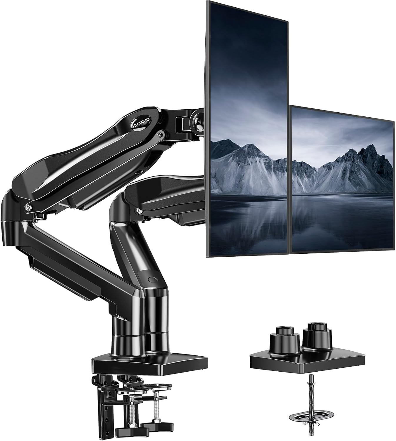 HUANUO Flowlift™ Dual Monitor Stand, Fully Adjustable Gaming Monitor Desk Mount for 13–32″ Computer Screens, Full Motion VESA 75X75/100X100 with C-Clamp & Grommet Base, Each Arm Holds 4.4 to 19.8 Lbs