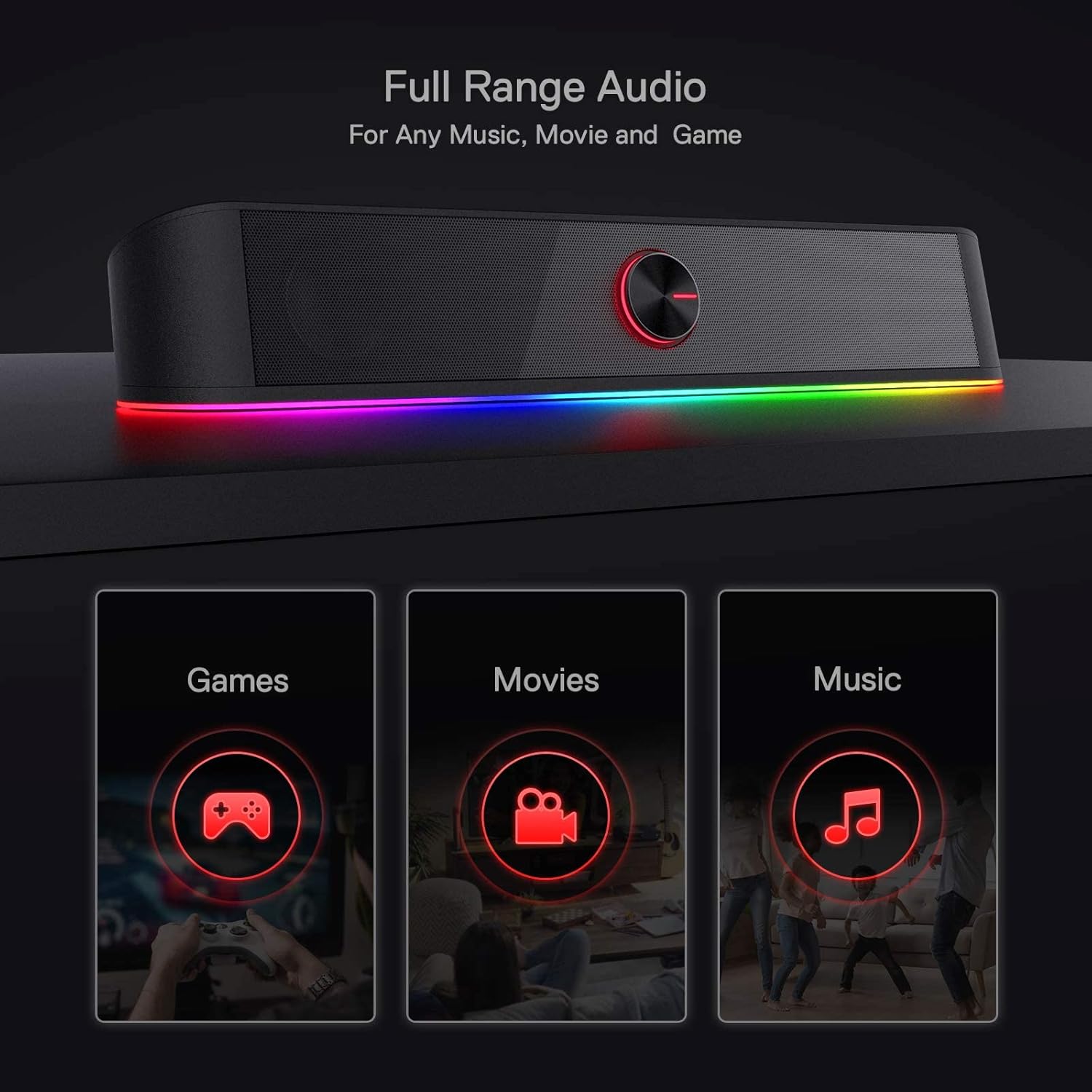 Redragon GS560 RGB Desktop Soundbar, 2.0 Channel Computer Speaker with Dynamic Lighting Bar Audio-Light Sync/Display, Touch-Control Backlit with Volume Knob, USB Powered W/ 3.5Mm Cable, Black