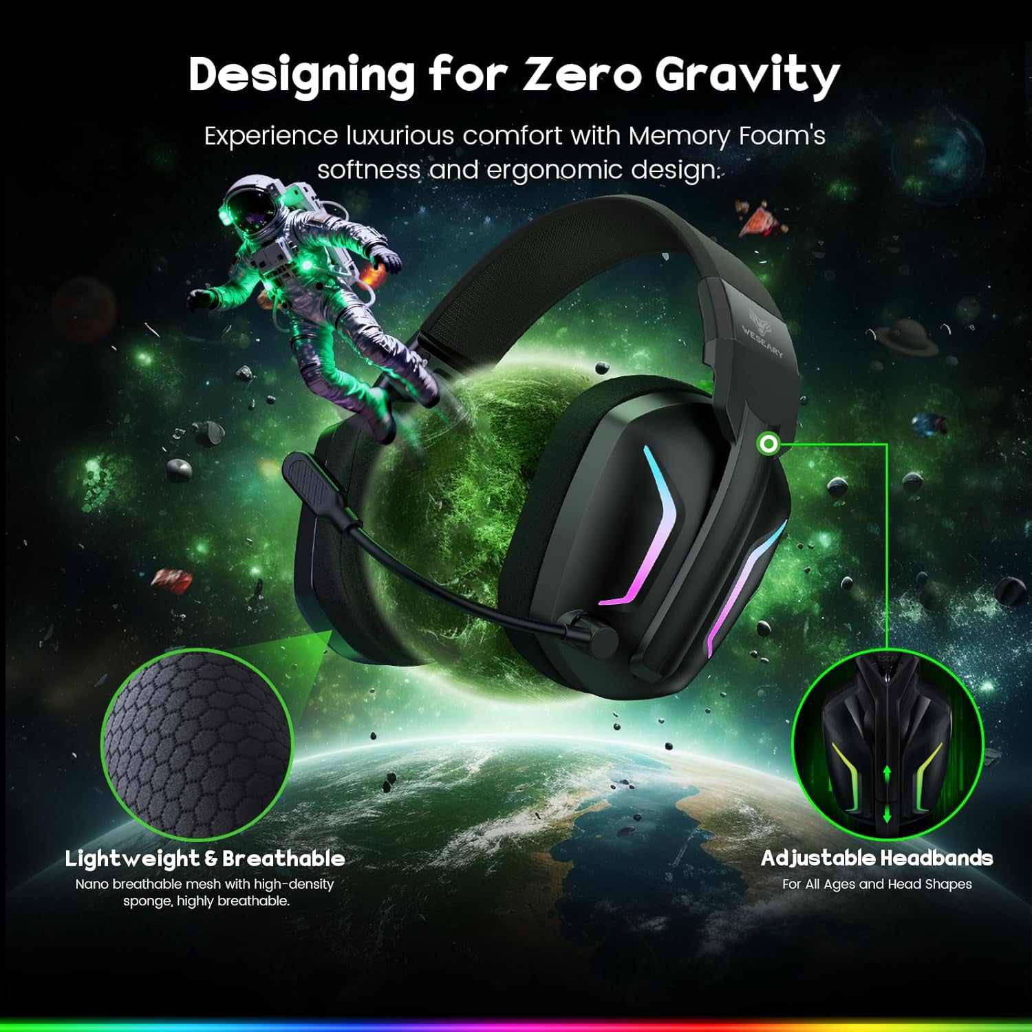 WESEARY Wireless Gaming Headset for PS5, PS4, PC, Switch & Mac, 20Ms Ultra-Low Latency, 2.4Ghz USB & Bluetooth 5.4 Gaming Headphones with Mic, 50H Battery Life, 3D Spatial Audio, Dynamic Lighting