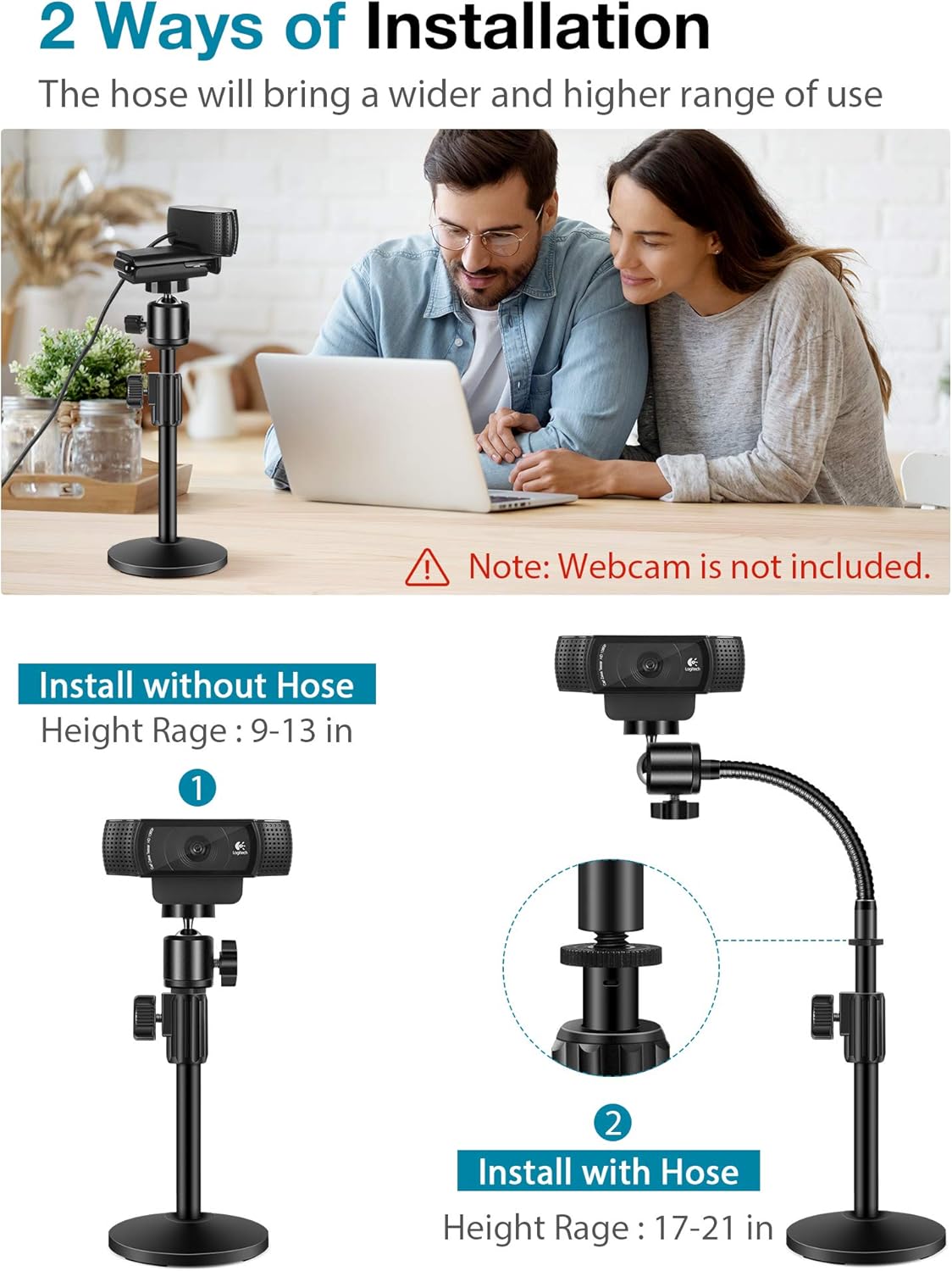 Innogear Webcam Stand for Desk, Camera Stand Mount Gooseneck Arm for Logitech Webcam C922 C930E C920S C920 C615 C960 C920X BRIO 4K Nexigo N60, Phone Mount, Right Light, Gopro with 1/4" Thread