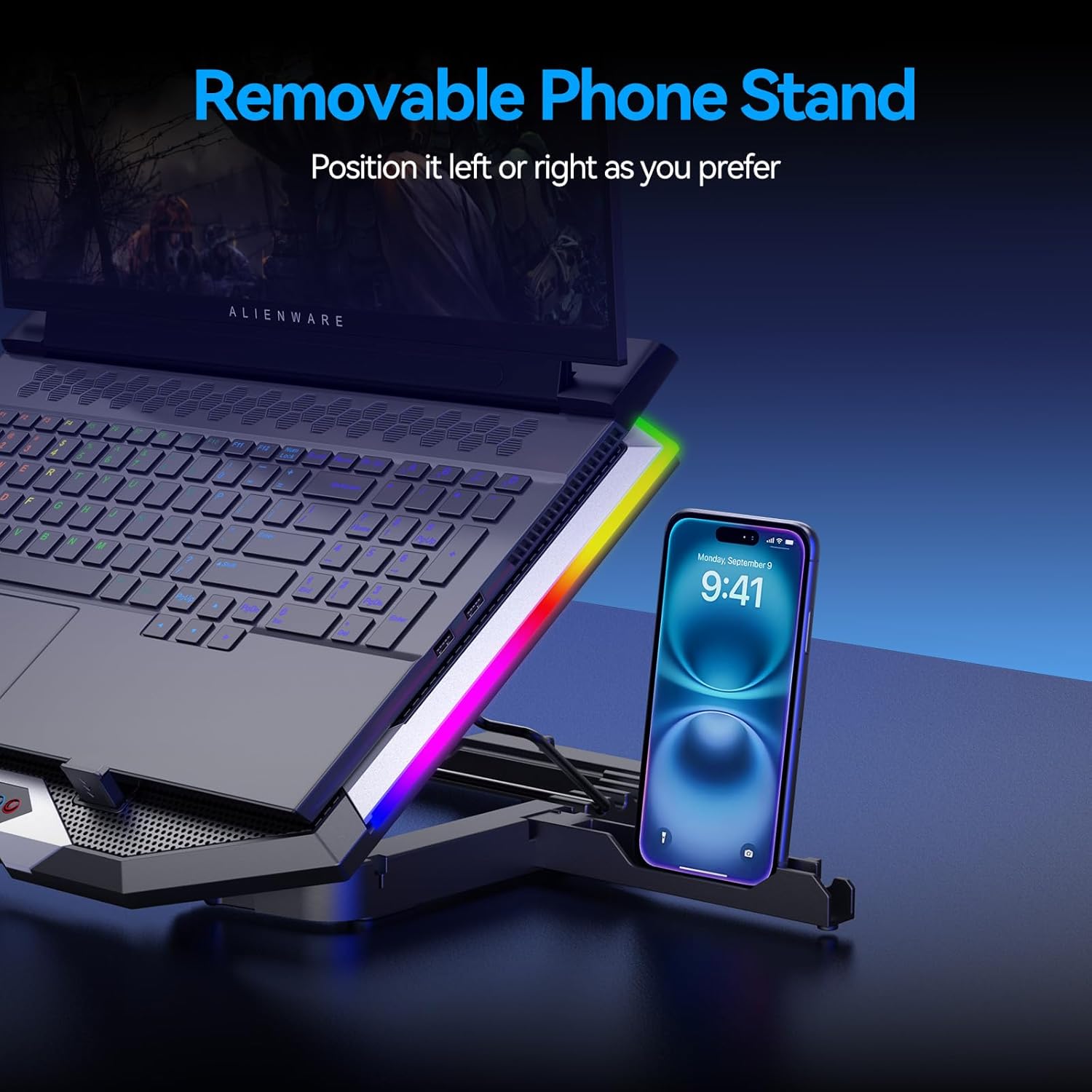 ICE COOREL Gaming Laptop Cooling Pad with 8 Cooling Fans, Laptop Fan Cooler Pad for 15-17.3 Inch, Notebook Cooler Stand with 6 Height Adjustable, RGB Cooling Pad with Two USB Port + Phone Stand