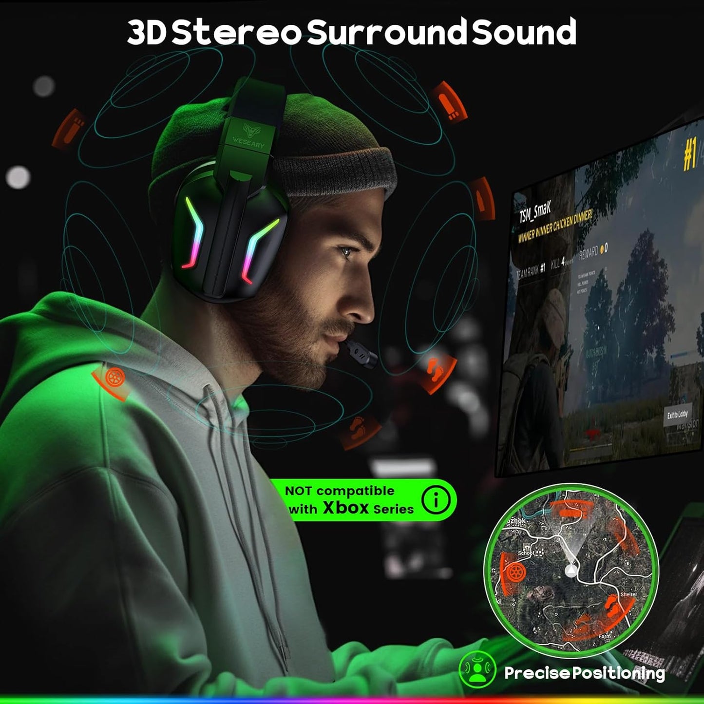 WESEARY Wireless Gaming Headset for PS5, PS4, PC, Switch & Mac, 20Ms Ultra-Low Latency, 2.4Ghz USB & Bluetooth 5.4 Gaming Headphones with Mic, 50H Battery Life, 3D Spatial Audio, Dynamic Lighting