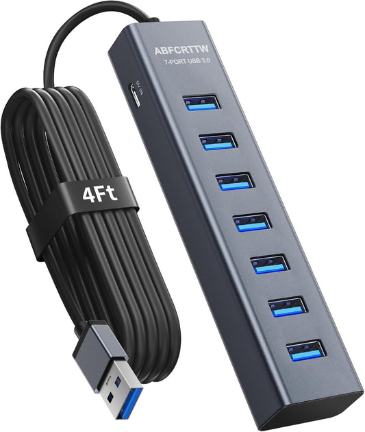4Ft 7-Port USB 3.0 Hub for Desktop - Aluminium USB Extender Hub 5Gbps, USB Multiport Adapter, USB Splitter, USB Hub Long Cable for Desktop, PC, Flash Drive, Mobile HDD, Windows/Xps, 1.2M