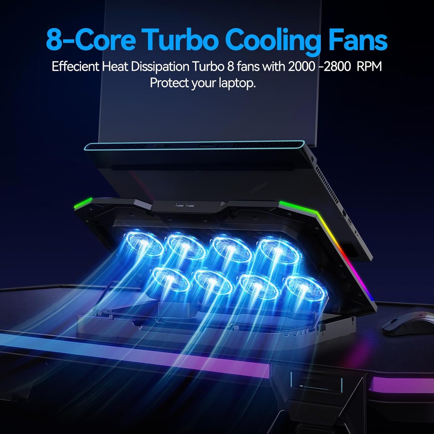 ICE COOREL Gaming Laptop Cooling Pad with 8 Cooling Fans, Laptop Fan Cooler Pad for 15-17.3 Inch, Notebook Cooler Stand with 6 Height Adjustable, RGB Cooling Pad with Two USB Port + Phone Stand