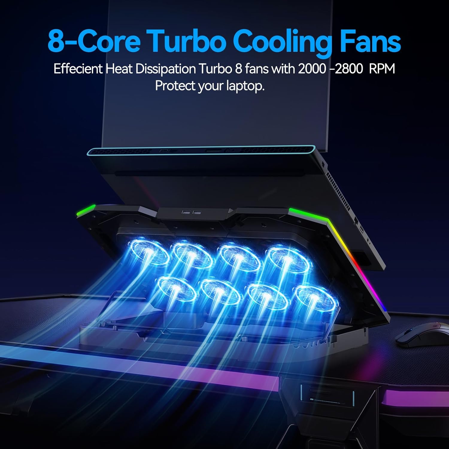 ICE COOREL Gaming Laptop Cooling Pad with 8 Cooling Fans, Laptop Fan Cooler Pad for 15-17.3 Inch, Notebook Cooler Stand with 6 Height Adjustable, RGB Cooling Pad with Two USB Port + Phone Stand