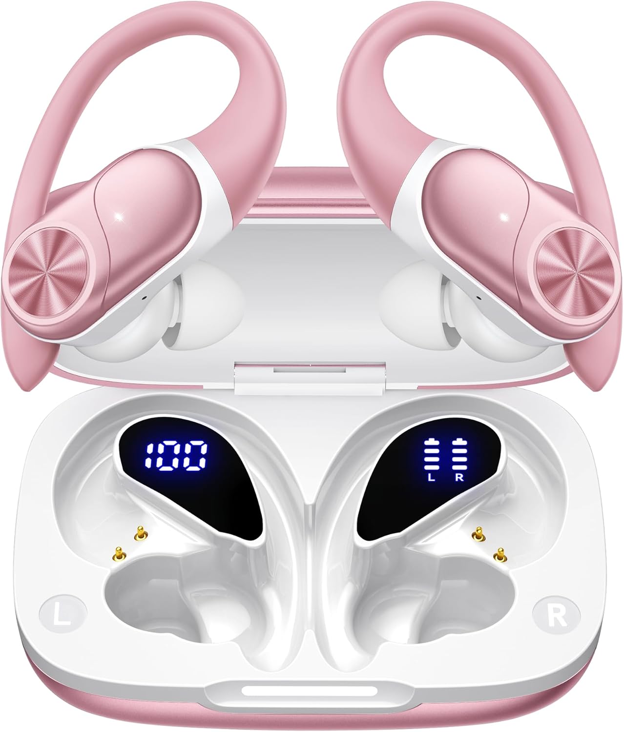 Pocbuds Bluetooth Headphones Wireless Earbuds 80Hrs Playtime Wireless Charging Case Digital Display Sports Ear Buds with Earhook Deep Bass IPX7 Waterproof Over-Ear Earphones for TV Phone Laptop Black