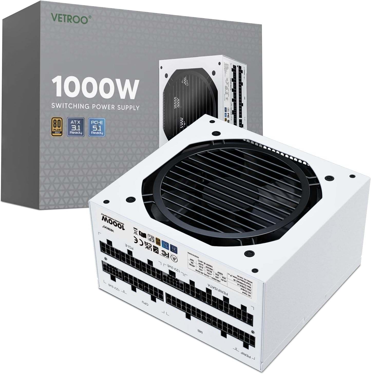 Vetroo 1000W White Power Supply ATX 3.1 Ready Dual Pcie 5.1, 80 plus Gold Full Modular, Eco Mode with 120Mm FDB Fan, Compact Size, 10 Year Warranty for Gaming PC
