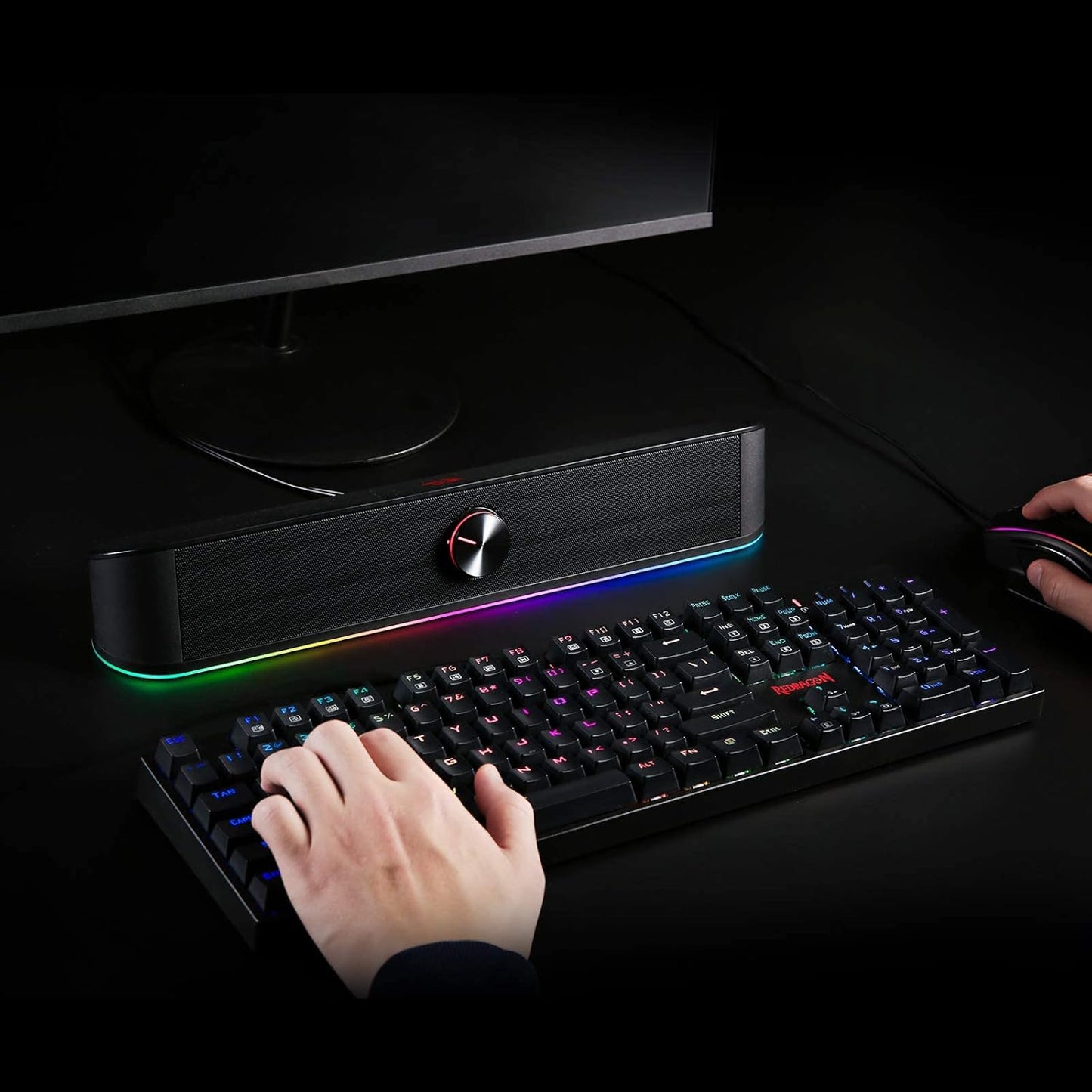 Redragon GS560 RGB Desktop Soundbar, 2.0 Channel Computer Speaker with Dynamic Lighting Bar Audio-Light Sync/Display, Touch-Control Backlit with Volume Knob, USB Powered W/ 3.5Mm Cable, Black