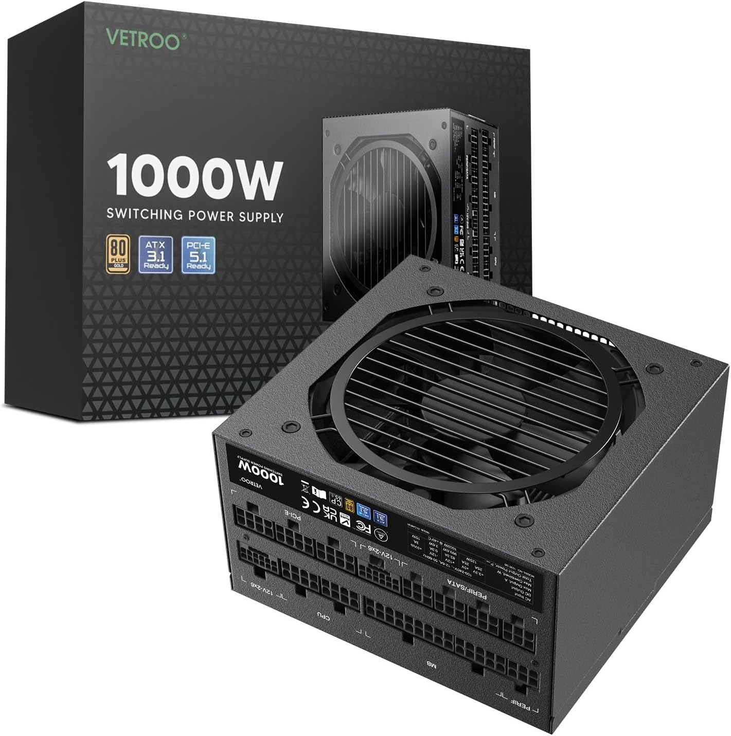Vetroo 1000W White Power Supply ATX 3.1 Ready Dual Pcie 5.1, 80 plus Gold Full Modular, Eco Mode with 120Mm FDB Fan, Compact Size, 10 Year Warranty for Gaming PC