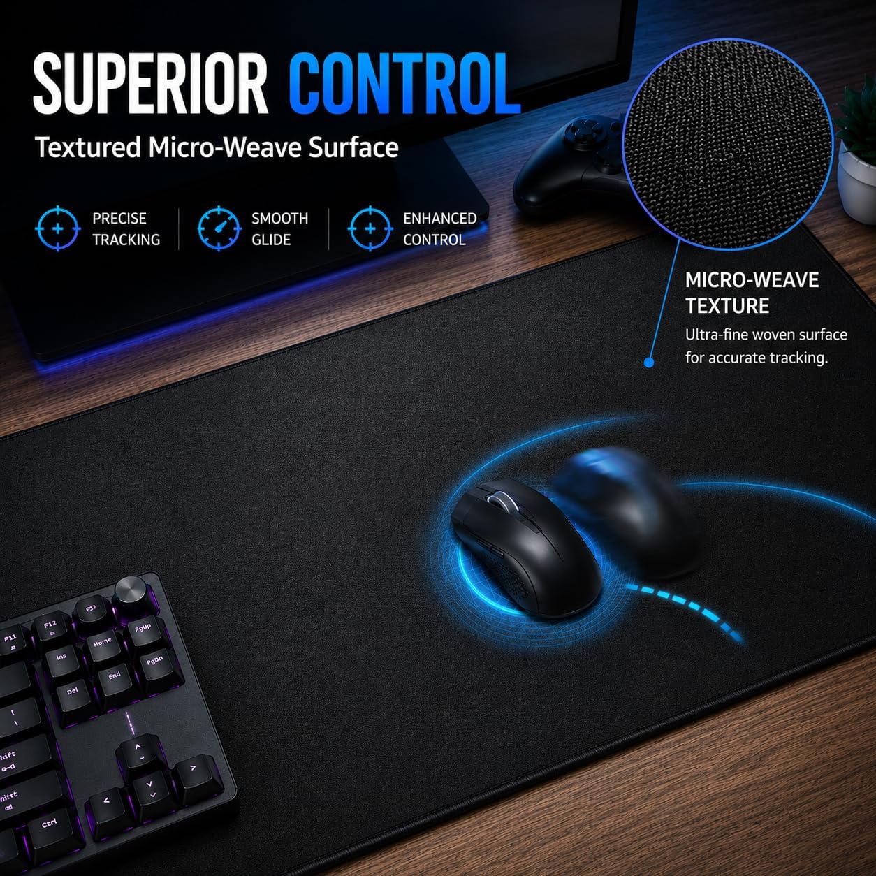 KTRIO Large Gaming Mouse Pad Desk Mat for Gamer, 31.5" X 11.8", Black | Superior Micro-Weave Cloth for Precise Control, Non-Slip Rubber Base, Durable Stitched Edges, Water-Resistant Coating