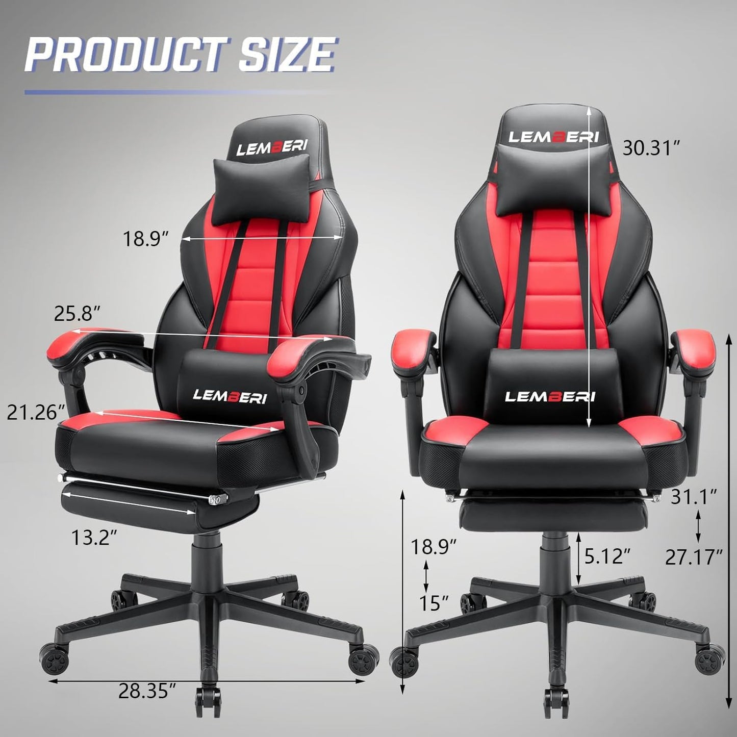 LEMBERI Big and Tall Gaming Chair 400Lb Capacity, Heavy-Duty Office Chair with Reinforced Footrest, Wide Seat High Back PC Desk Chair with Linkage Armrests, Thickened Steel Frame, PU Leather, Red