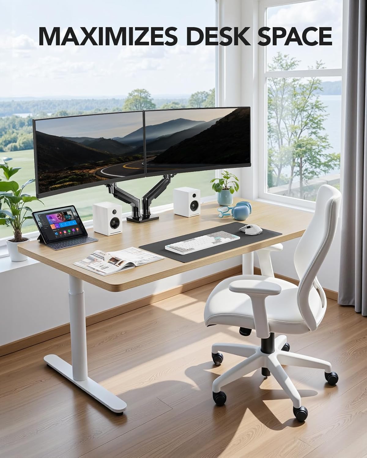 HUANUO Flowlift™ Dual Monitor Stand, Fully Adjustable Gaming Monitor Desk Mount for 13–32″ Computer Screens, Full Motion VESA 75X75/100X100 with C-Clamp & Grommet Base, Each Arm Holds 4.4 to 19.8 Lbs