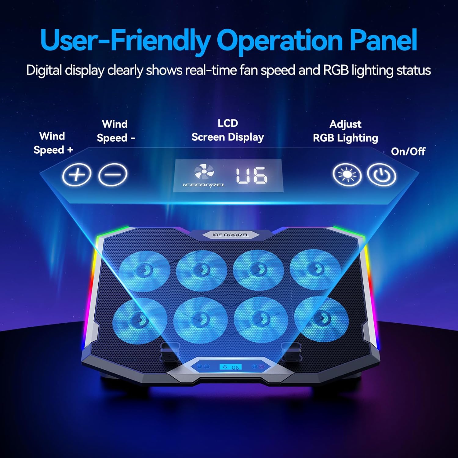 ICE COOREL Gaming Laptop Cooling Pad with 8 Cooling Fans, Laptop Fan Cooler Pad for 15-17.3 Inch, Notebook Cooler Stand with 6 Height Adjustable, RGB Cooling Pad with Two USB Port + Phone Stand