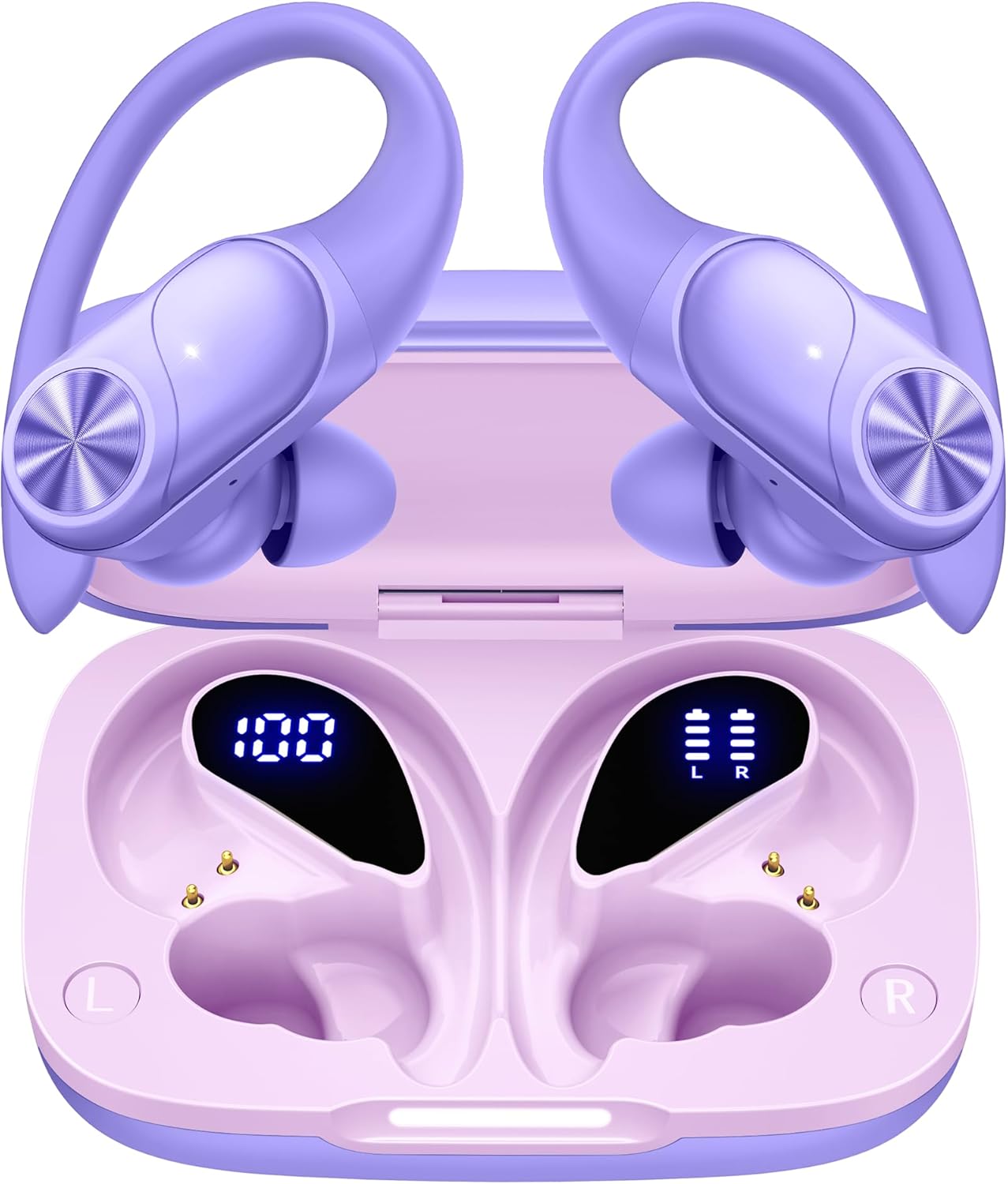Pocbuds Bluetooth Headphones Wireless Earbuds 80Hrs Playtime Wireless Charging Case Digital Display Sports Ear Buds with Earhook Deep Bass IPX7 Waterproof Over-Ear Earphones for TV Phone Laptop Black