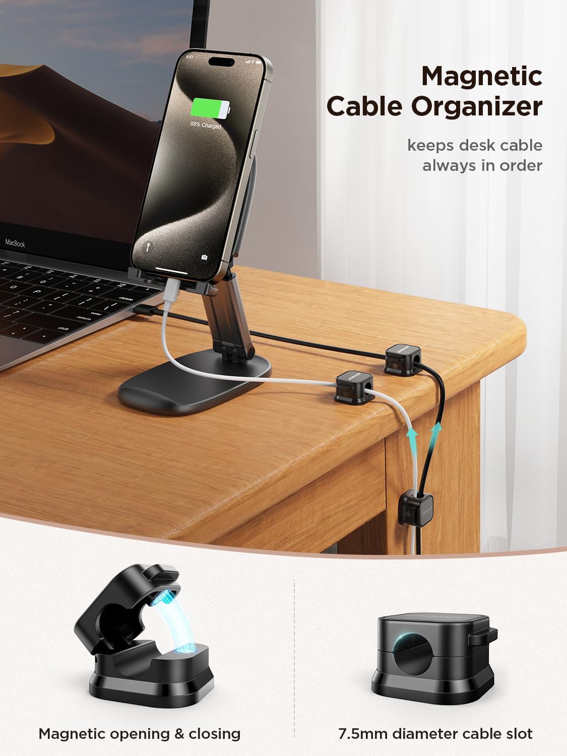 9 Pack Magnetic Cable Clips [Cable Smooth Adjustable] Cord Holder, under Desk Cable Management, JOYROOM Adhesive Wire Holder Keeper Organizer for Home Office Desk Phone Car Wall Desktop Nightstand