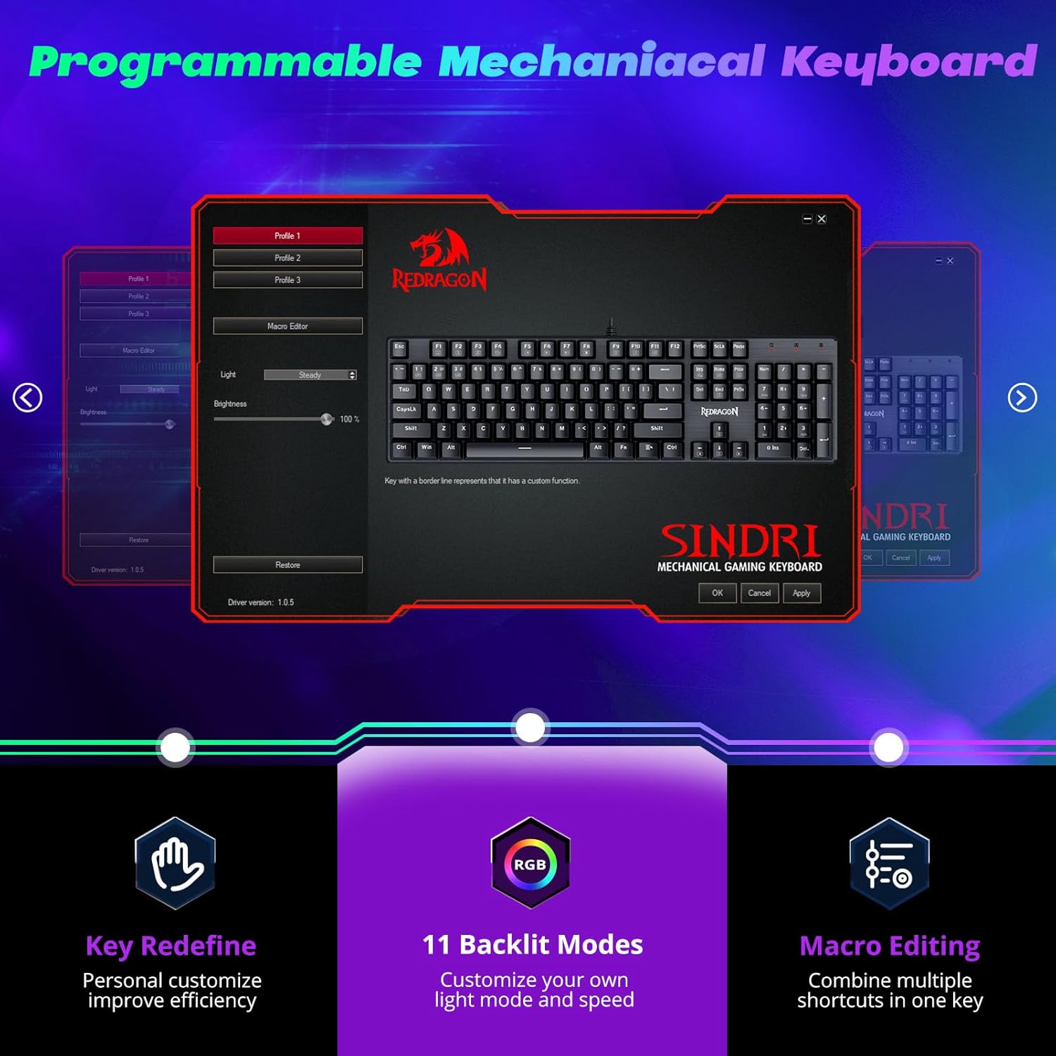 Redragon Mechanical Gaming Keyboard Wired, 11 Programmable Backlit Modes, Hot-Swappable Red Switch, Anti-Ghosting, Double-Shot PBT Keycaps, Light up Keyboard for PC Mac