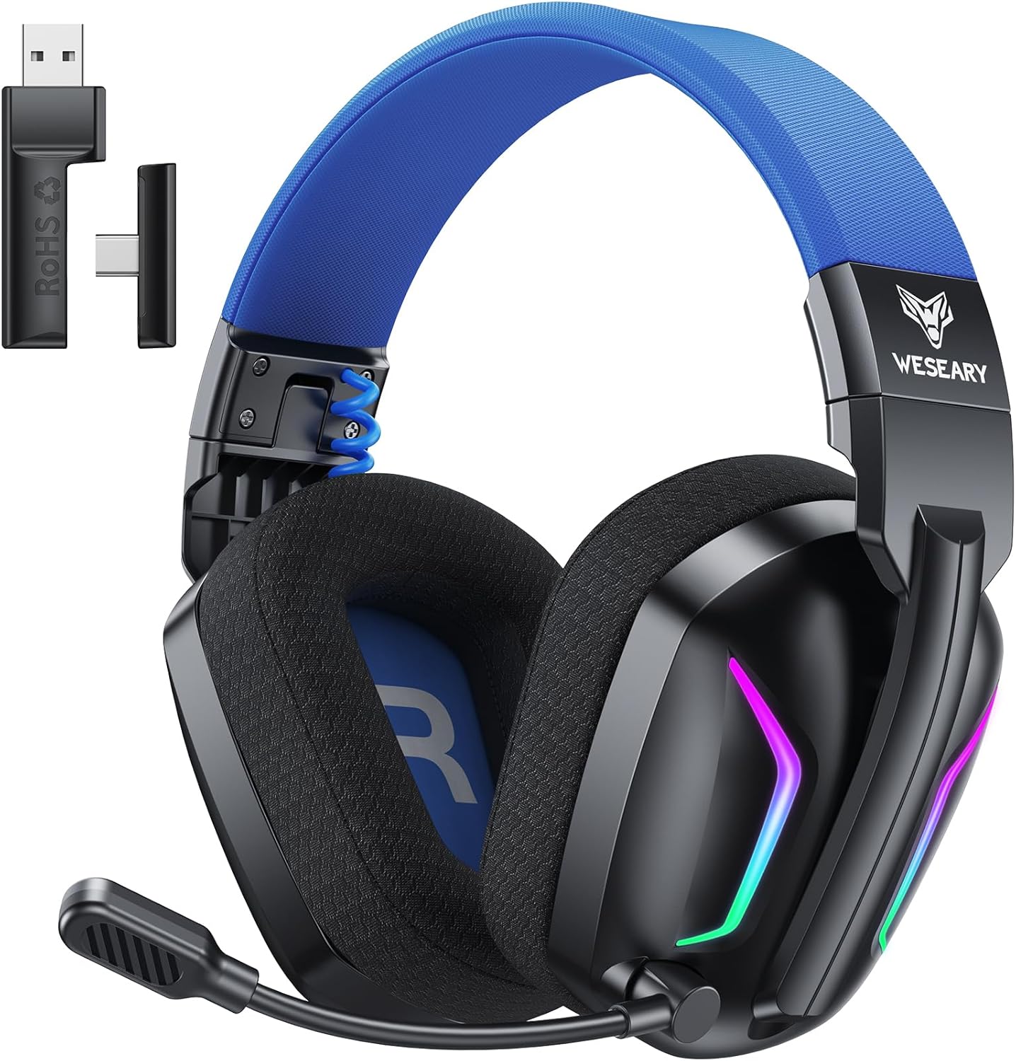 WESEARY Wireless Gaming Headset for PS5, PS4, PC, Switch & Mac, 20Ms Ultra-Low Latency, 2.4Ghz USB & Bluetooth 5.4 Gaming Headphones with Mic, 50H Battery Life, 3D Spatial Audio, Dynamic Lighting