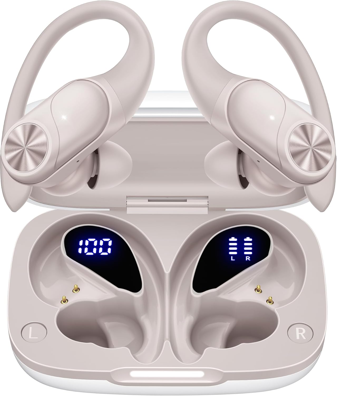 Pocbuds Bluetooth Headphones Wireless Earbuds 80Hrs Playtime Wireless Charging Case Digital Display Sports Ear Buds with Earhook Deep Bass IPX7 Waterproof Over-Ear Earphones for TV Phone Laptop Black