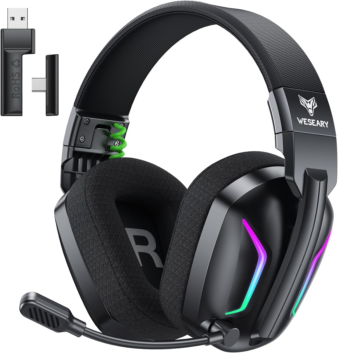 WESEARY Wireless Gaming Headset for PS5, PS4, PC, Switch & Mac, 20Ms Ultra-Low Latency, 2.4Ghz USB & Bluetooth 5.4 Gaming Headphones with Mic, 50H Battery Life, 3D Spatial Audio, Dynamic Lighting