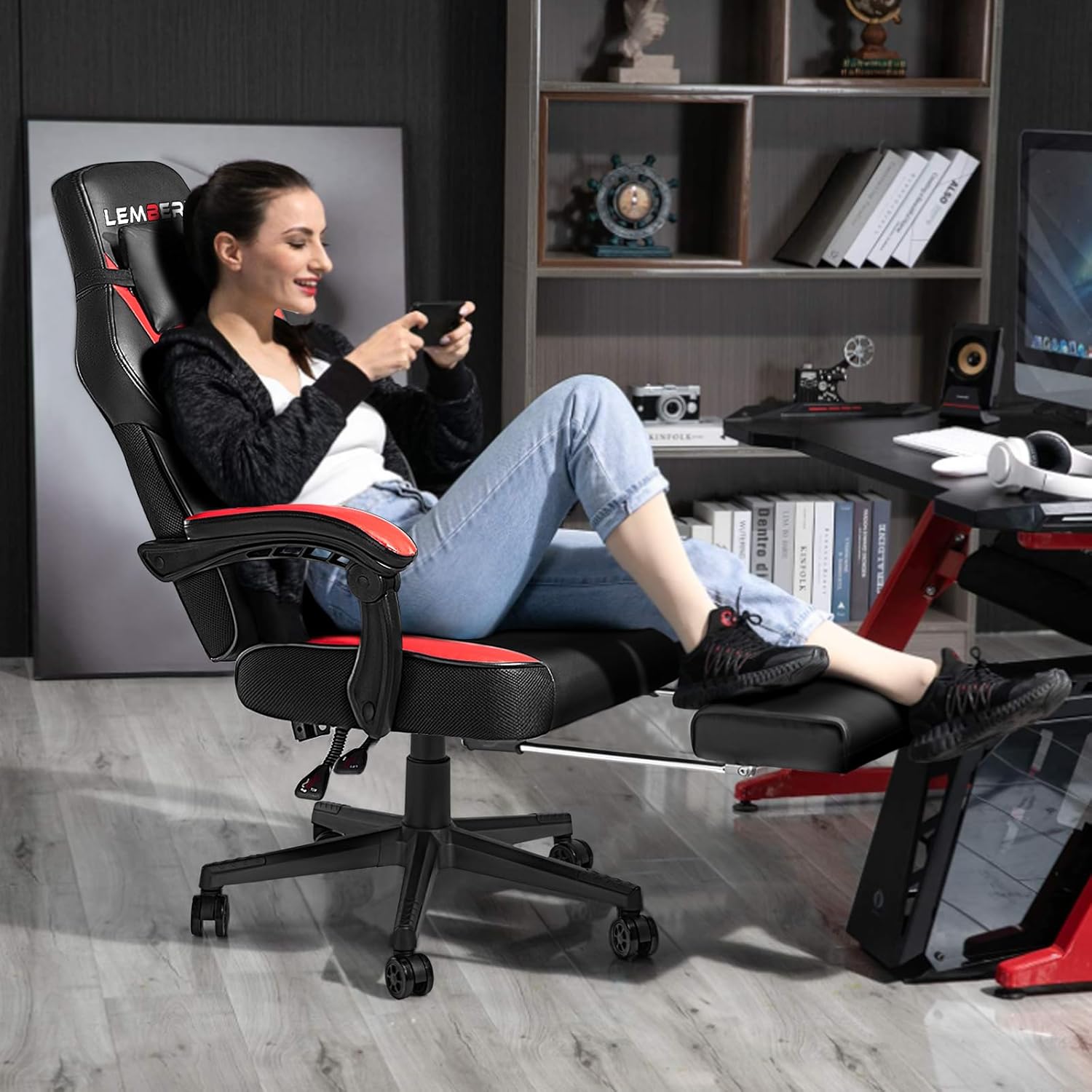 LEMBERI Big and Tall Gaming Chair 400Lb Capacity, Heavy-Duty Office Chair with Reinforced Footrest, Wide Seat High Back PC Desk Chair with Linkage Armrests, Thickened Steel Frame, PU Leather, Red