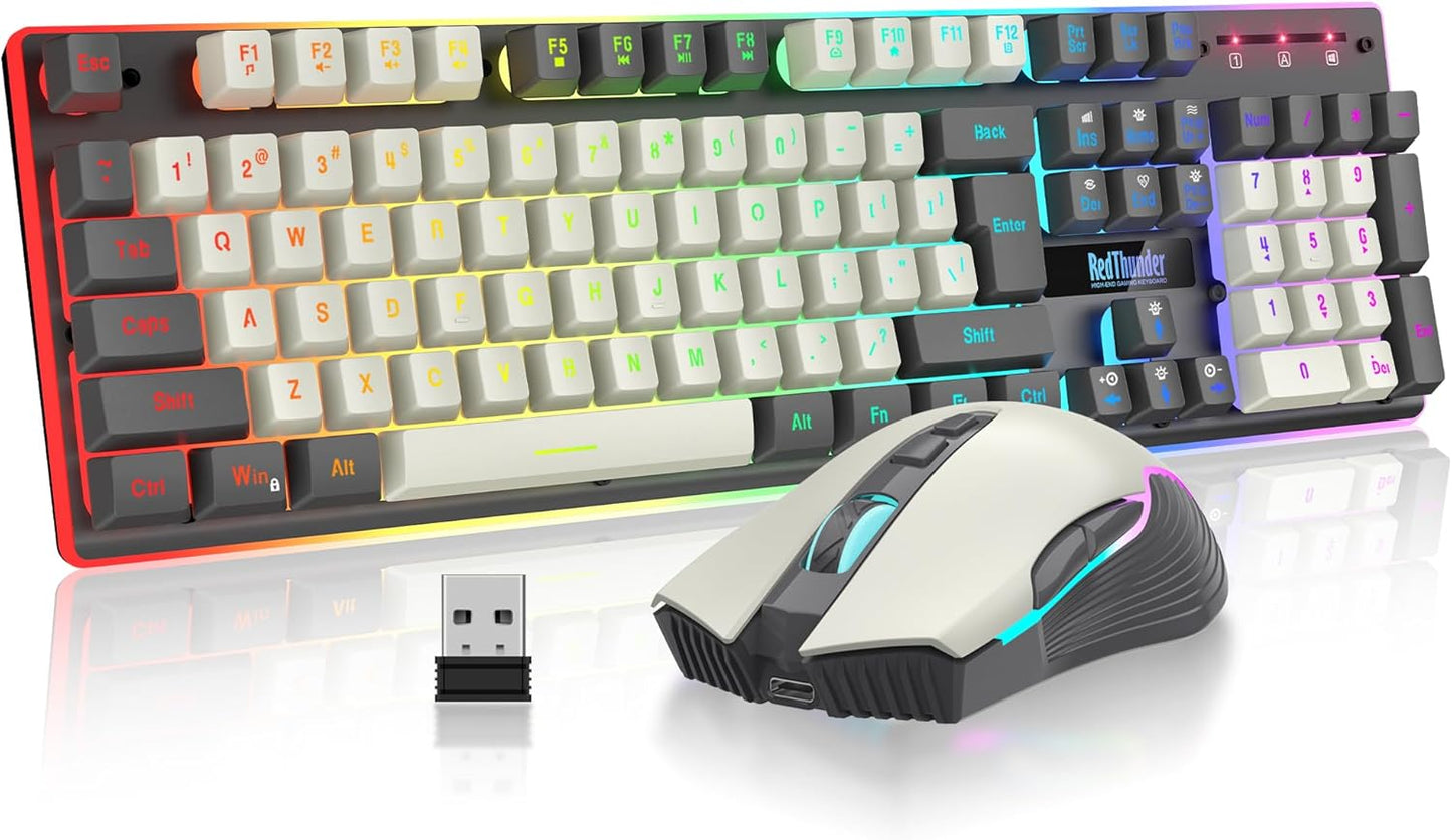 Redthunder K10 Wireless Gaming Keyboard and Mouse Combo, LED Backlit Rechargeable 3800Mah Battery, Mechanical Feel Anti-Ghosting Keyboard + 7D 3200DPI Mice for PC Gamer (Black)