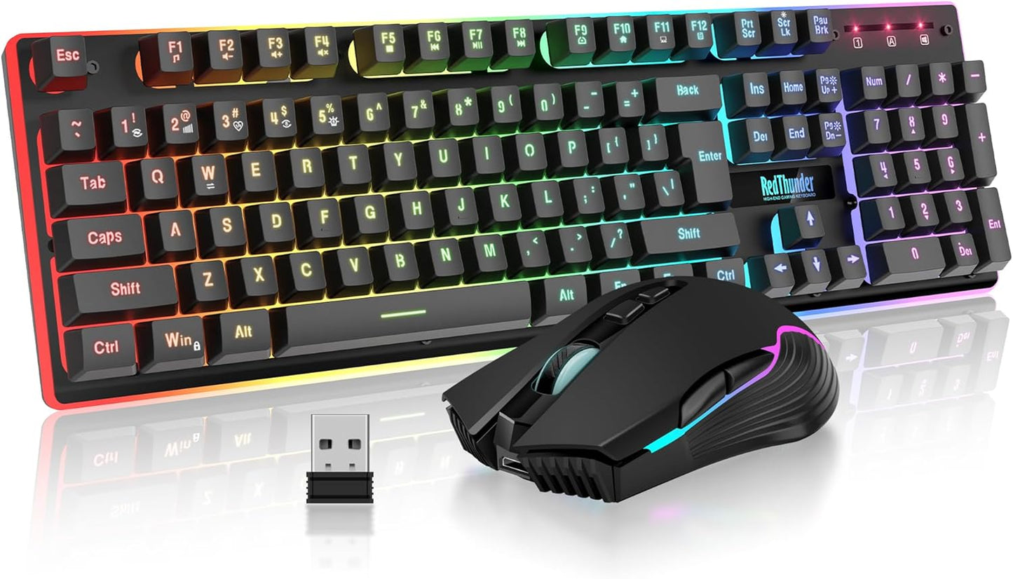 Redthunder K10 Wireless Gaming Keyboard and Mouse Combo, LED Backlit Rechargeable 3800Mah Battery, Mechanical Feel Anti-Ghosting Keyboard + 7D 3200DPI Mice for PC Gamer (Black)
