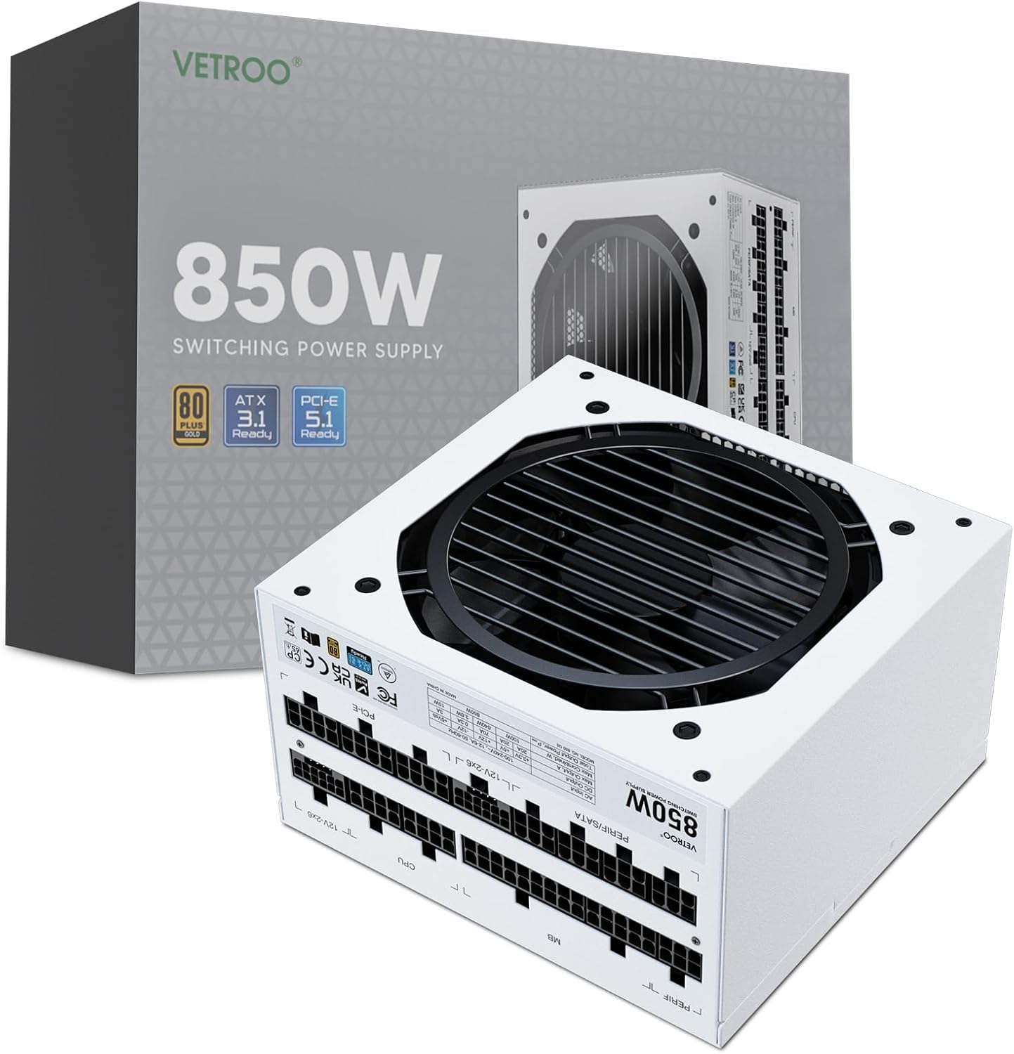 Vetroo 1000W White Power Supply ATX 3.1 Ready Dual Pcie 5.1, 80 plus Gold Full Modular, Eco Mode with 120Mm FDB Fan, Compact Size, 10 Year Warranty for Gaming PC