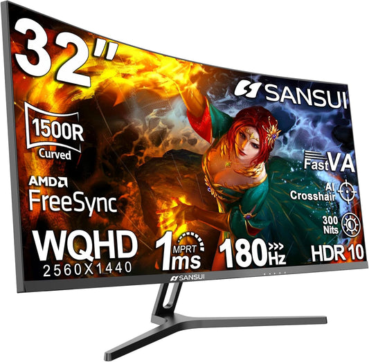 SANSUI 32-Inch Curved Gaming Monitor WQHD 2560 X 1440 180Hz Curved 1500R -Fast Va,1Ms(Od), HDR, 300Nits, Srgb 125%, DCI-P3 95%, Freesync, HDMI X2, Dp1.4X2(Dp Cable Included)