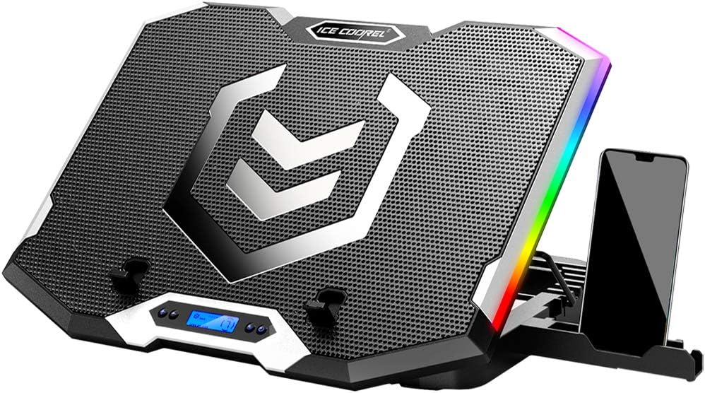 ICE COOREL Gaming Laptop Cooling Pad with 8 Cooling Fans, Laptop Fan Cooler Pad for 15-17.3 Inch, Notebook Cooler Stand with 6 Height Adjustable, RGB Cooling Pad with Two USB Port + Phone Stand