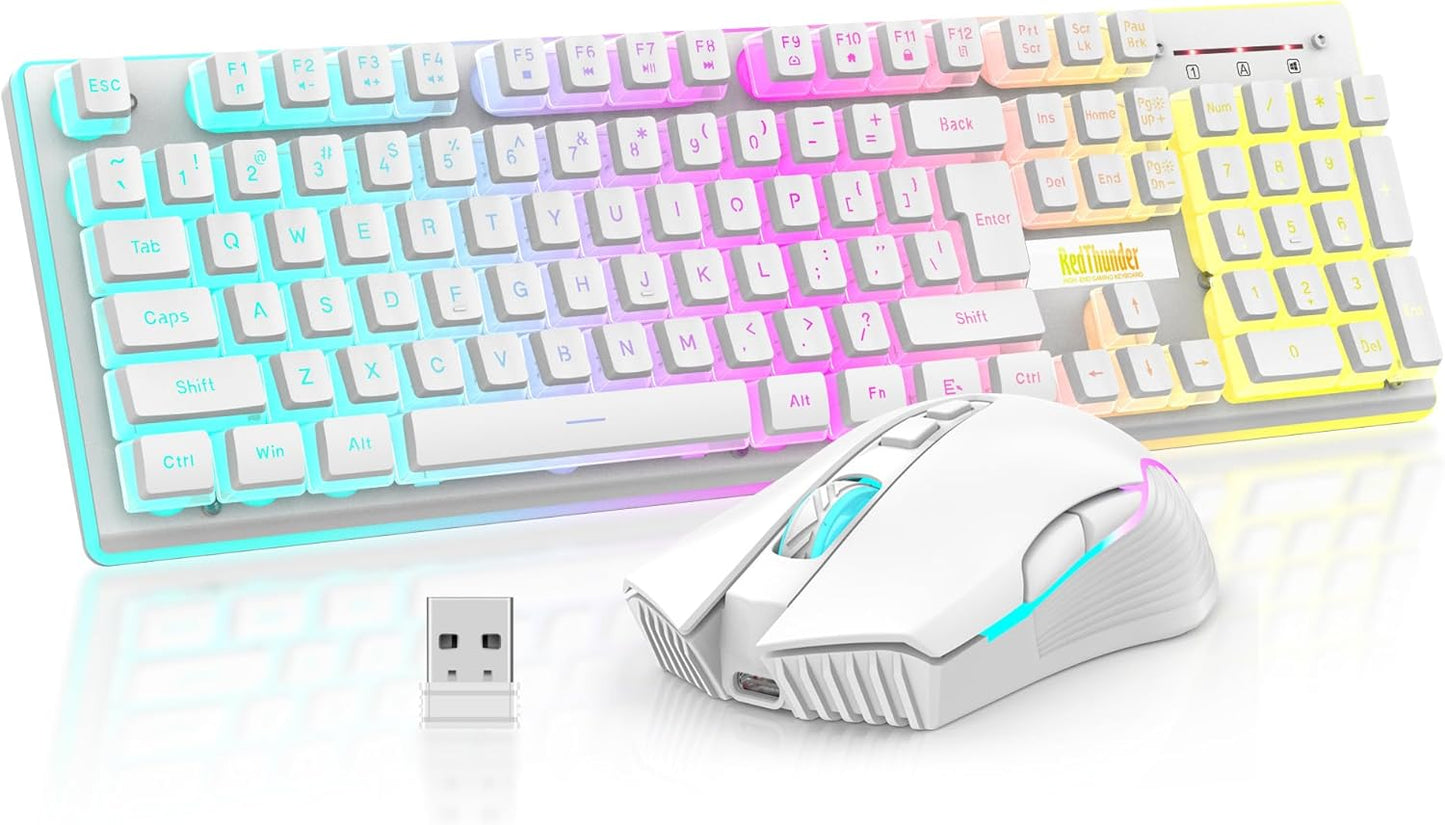 Redthunder K10 Wireless Gaming Keyboard and Mouse Combo, LED Backlit Rechargeable 3800Mah Battery, Mechanical Feel Anti-Ghosting Keyboard + 7D 3200DPI Mice for PC Gamer (Black)