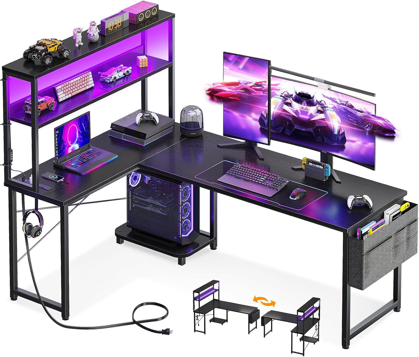 AODK L Shaped Desk Gaming Desk with LED Light & Power Outlet, 53 Inch Reversible L Shaped Computer Table with Shelf & Storage Bag & Hook for Home Office, Black