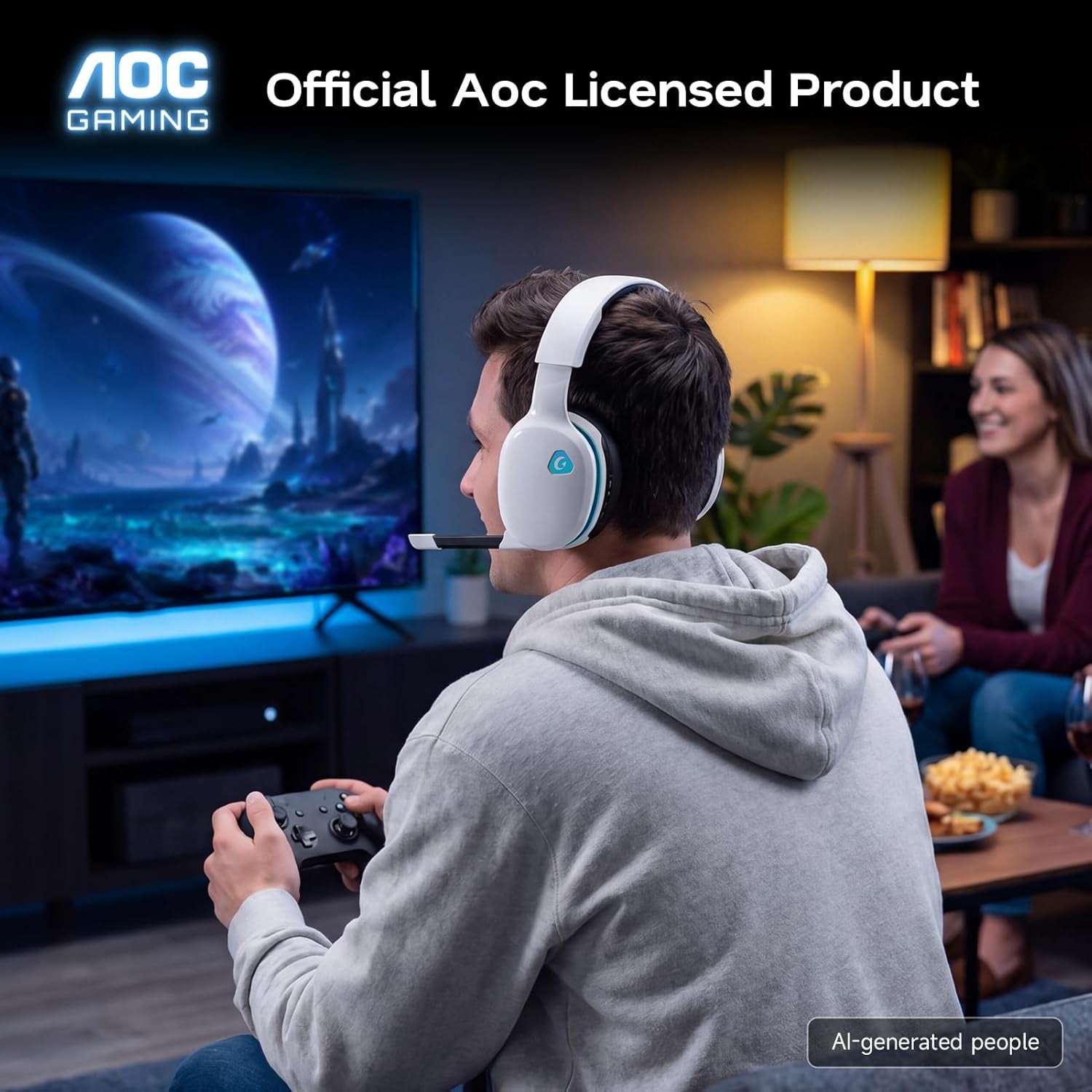 AOC 2.4Ghz Wireless Gaming Headset for PS5, PS4 Fortnite & Call of Duty/Fps Gamers, PC, Switch, Bluetooth 6.0 Gaming Headphones with Noise Canceling Mic, 7.1 Virtual Surround, 45Hr Battery -White