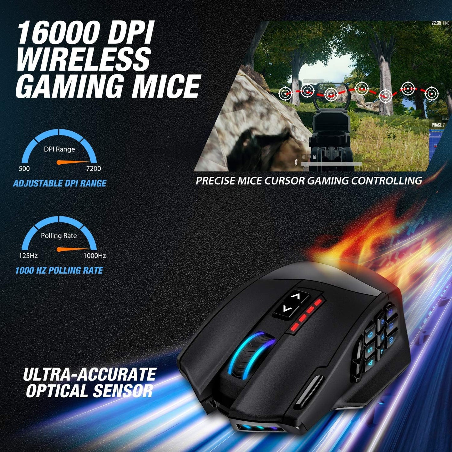Utechsmart Venus Pro RGB Wireless MMO Gaming Mouse, 16,000 DPI Optical Sensor, 2.4 Ghz Transmission Technology, Ergonomic Design, 16M Chroma RGB Lighting, 16 Programmable Buttons, up to 70 Hours