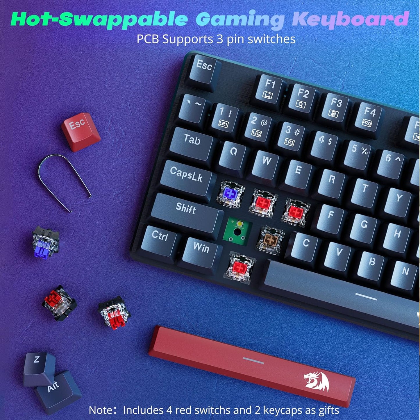 Redragon Mechanical Gaming Keyboard Wired, 11 Programmable Backlit Modes, Hot-Swappable Red Switch, Anti-Ghosting, Double-Shot PBT Keycaps, Light up Keyboard for PC Mac