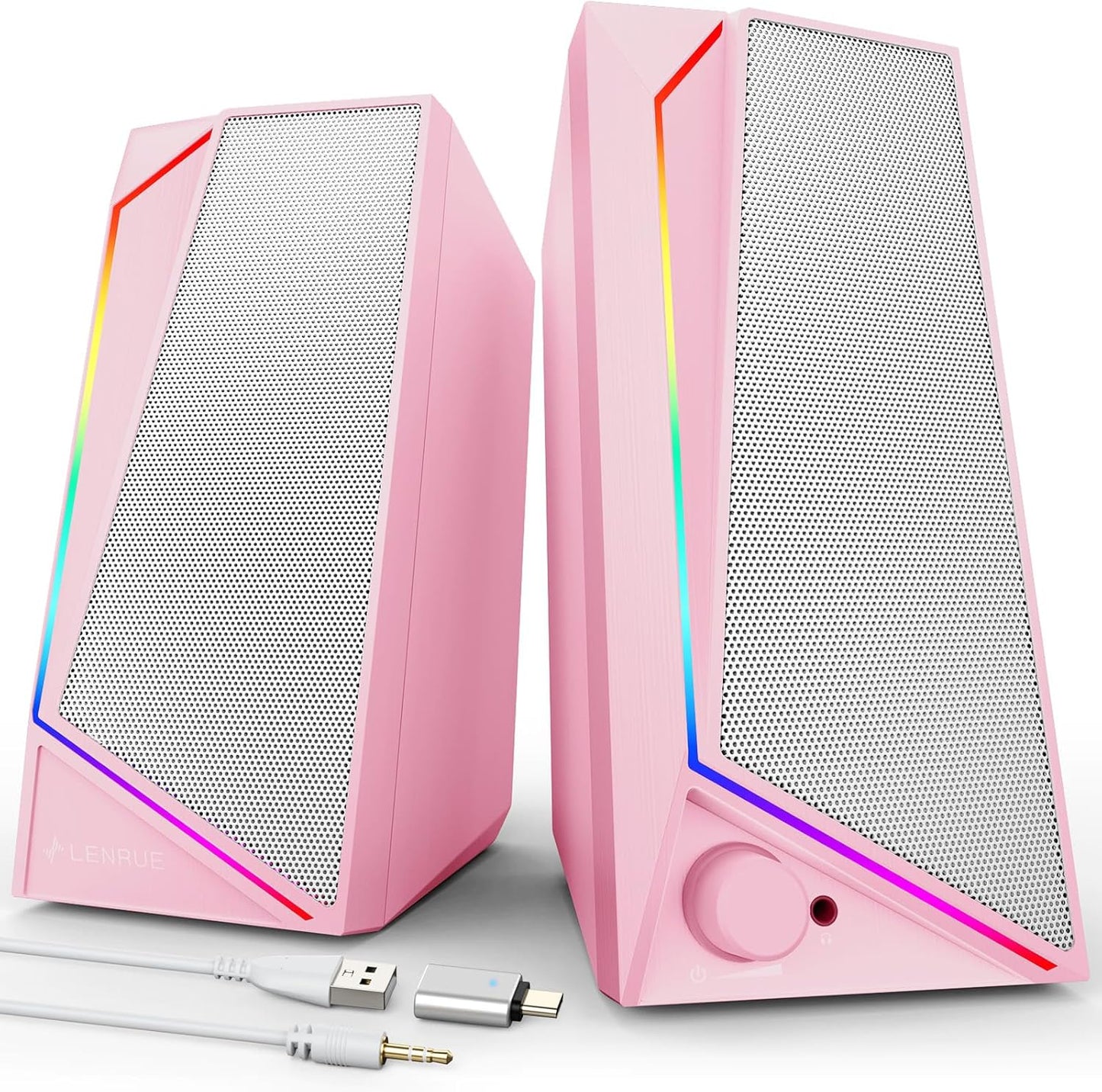 LENRUE Computer Speakers, USB/USB-C Powered PC Speakers with Loud Stereo Sound, Headphone-In for Desktop, Imac, Macbook, Laptop, Monitor (USB-C to USB Adapter Included)