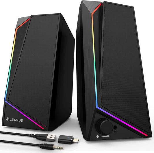 LENRUE Computer Speakers, USB/USB-C Powered PC Speakers with Loud Stereo Sound, Headphone-In for Desktop, Imac, Macbook, Laptop, Monitor (USB-C to USB Adapter Included)