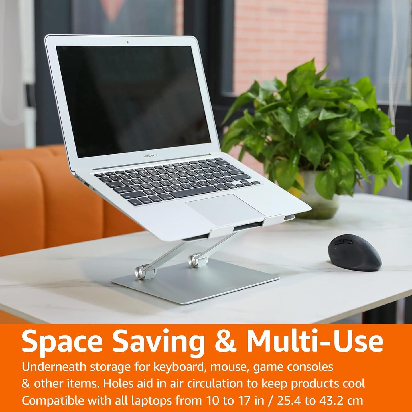 Amazon Basics Sturdy and Portable Ergonomic Laptop Stand for Desk, Height Adjustable Riser with Ventilated Cooling, Foldable, Fits All Laptops up to 15.6 Inch, Silver