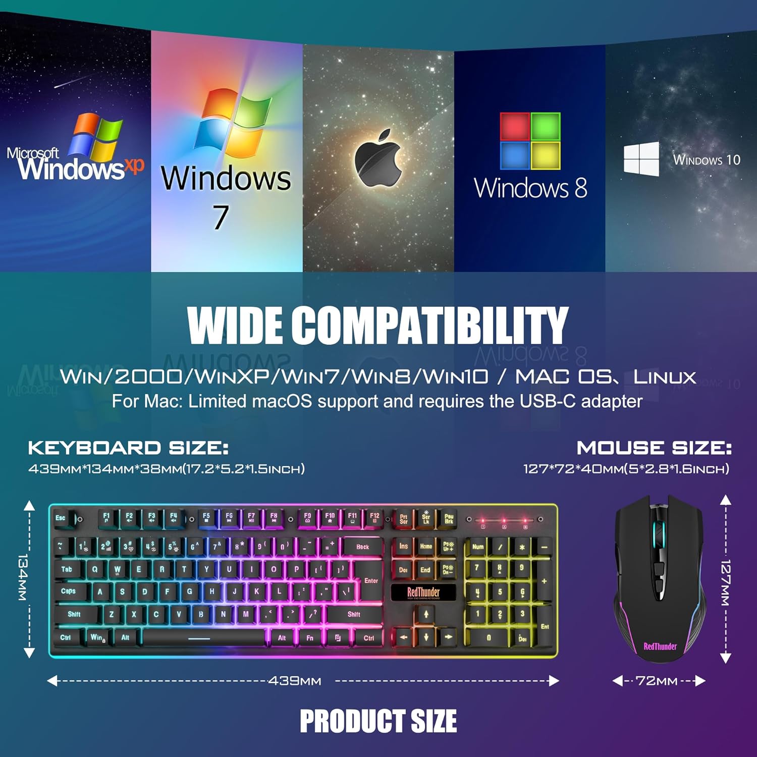 Redthunder K10 Wireless Gaming Keyboard and Mouse Combo, LED Backlit Rechargeable 3800Mah Battery, Mechanical Feel Anti-Ghosting Keyboard + 7D 3200DPI Mice for PC Gamer (Black)